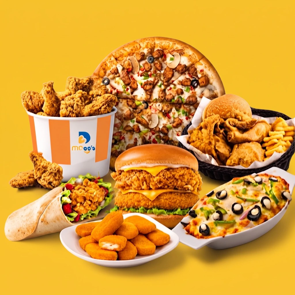 MDee's full food spread with fresh pizza, crispy chicken bucket, double zinger burger, shawarma, and cheesy pasta